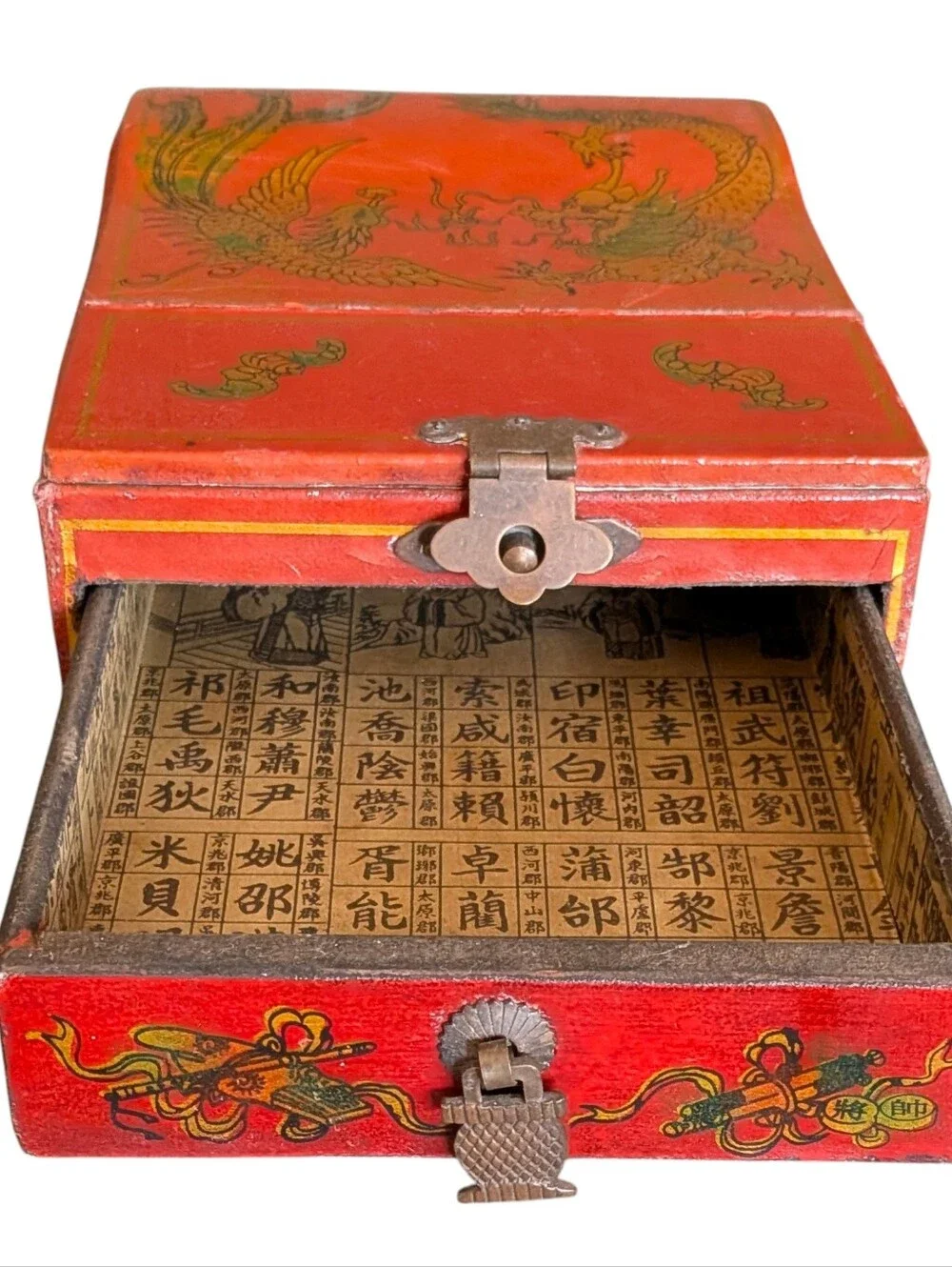 Vintage Antique Chinese Red Jewelry Box Folding Vanity Mirror 2 Drawers